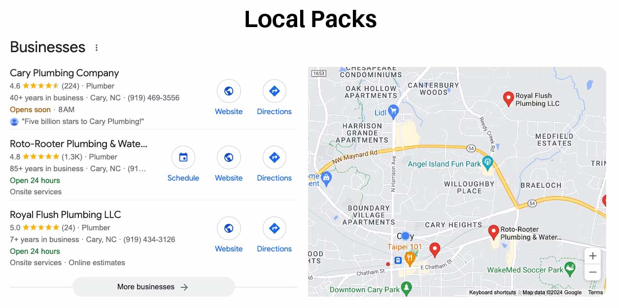 Local SEO 101: How to Grow Your Service Area Business image Cary Plumber Local Pack in Cary NC Screenshot from Google