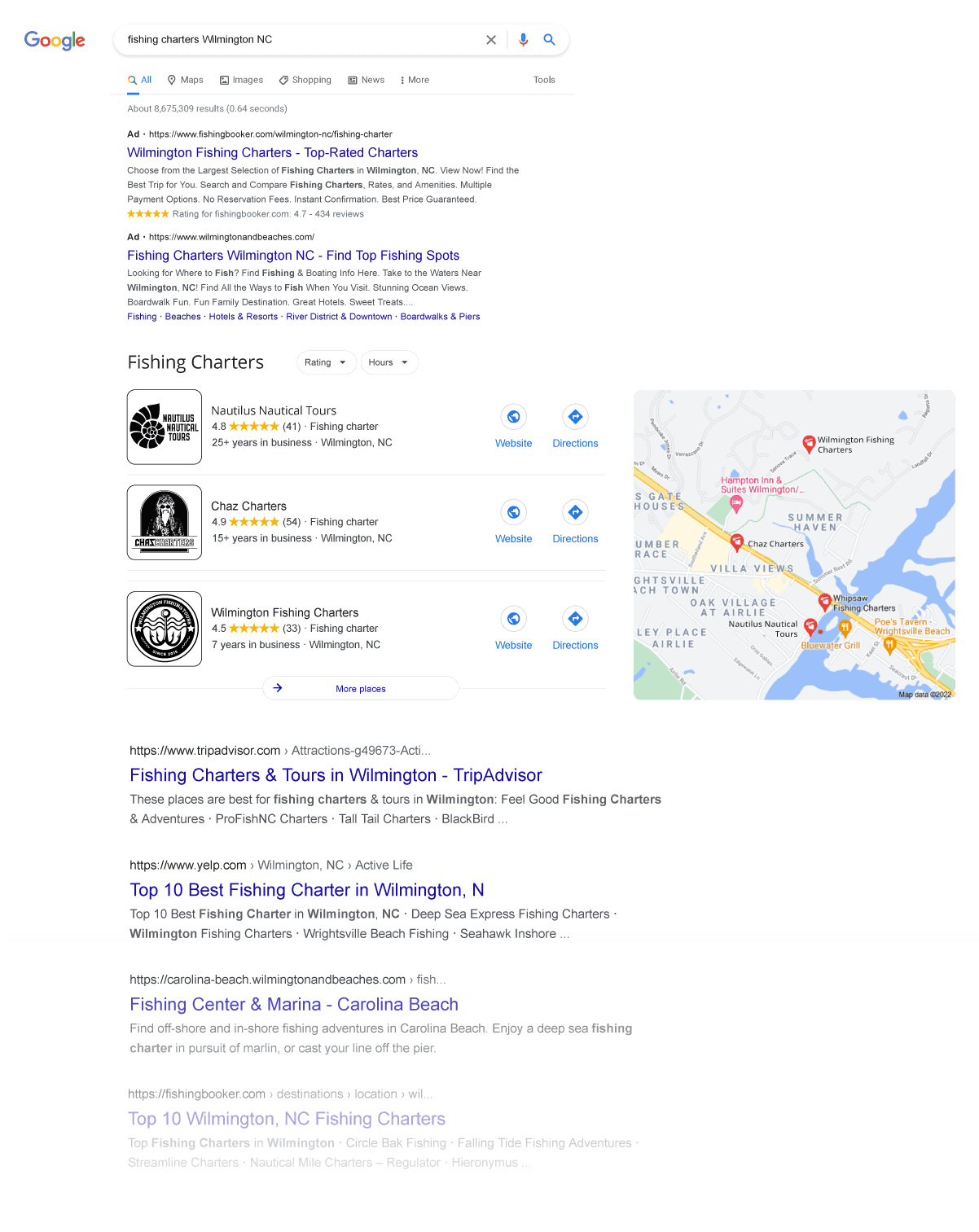 What Is Local Search Marketing? image Fictional Google Search Page Example of Fishing Charters in Wilmington, NC