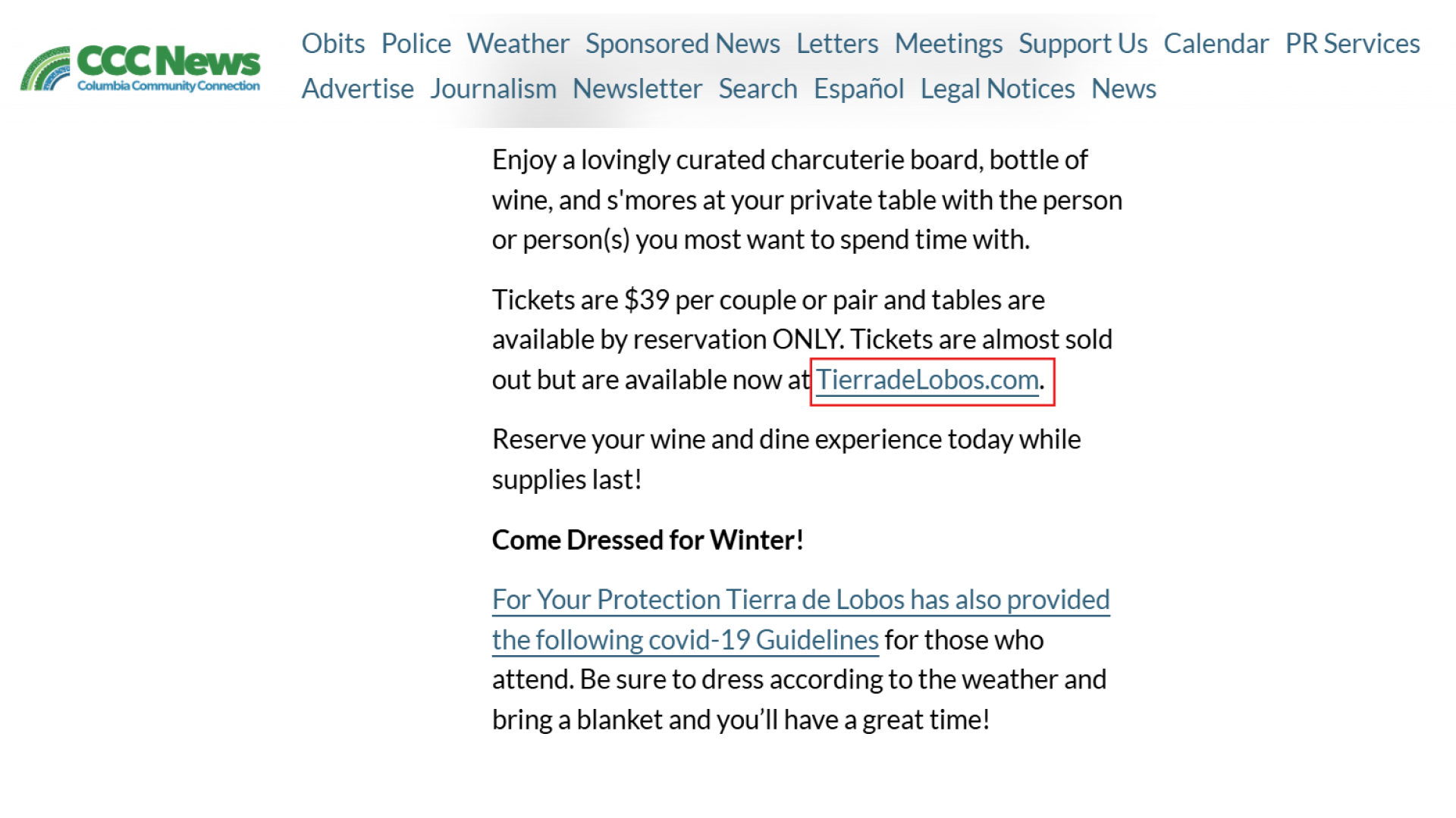 Link Building for Small Business: 10 Key Methods image Example of local winery promotion on community news site, linking to event tickets on TierradeLobos.com.