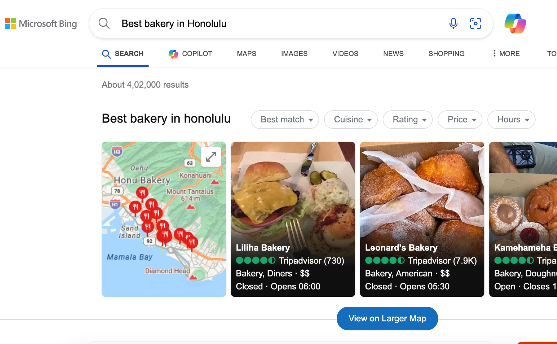 Search Results on Bing Image showing search results for best bakery in Honolulu on bing