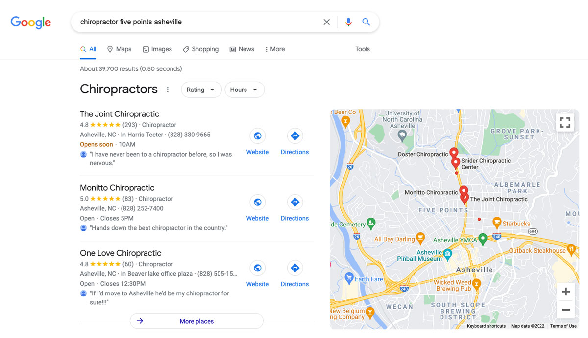 Local SEO Checklist for Small Business Owners image Chiropractor in Five Points Asheville NC - Google SERPs